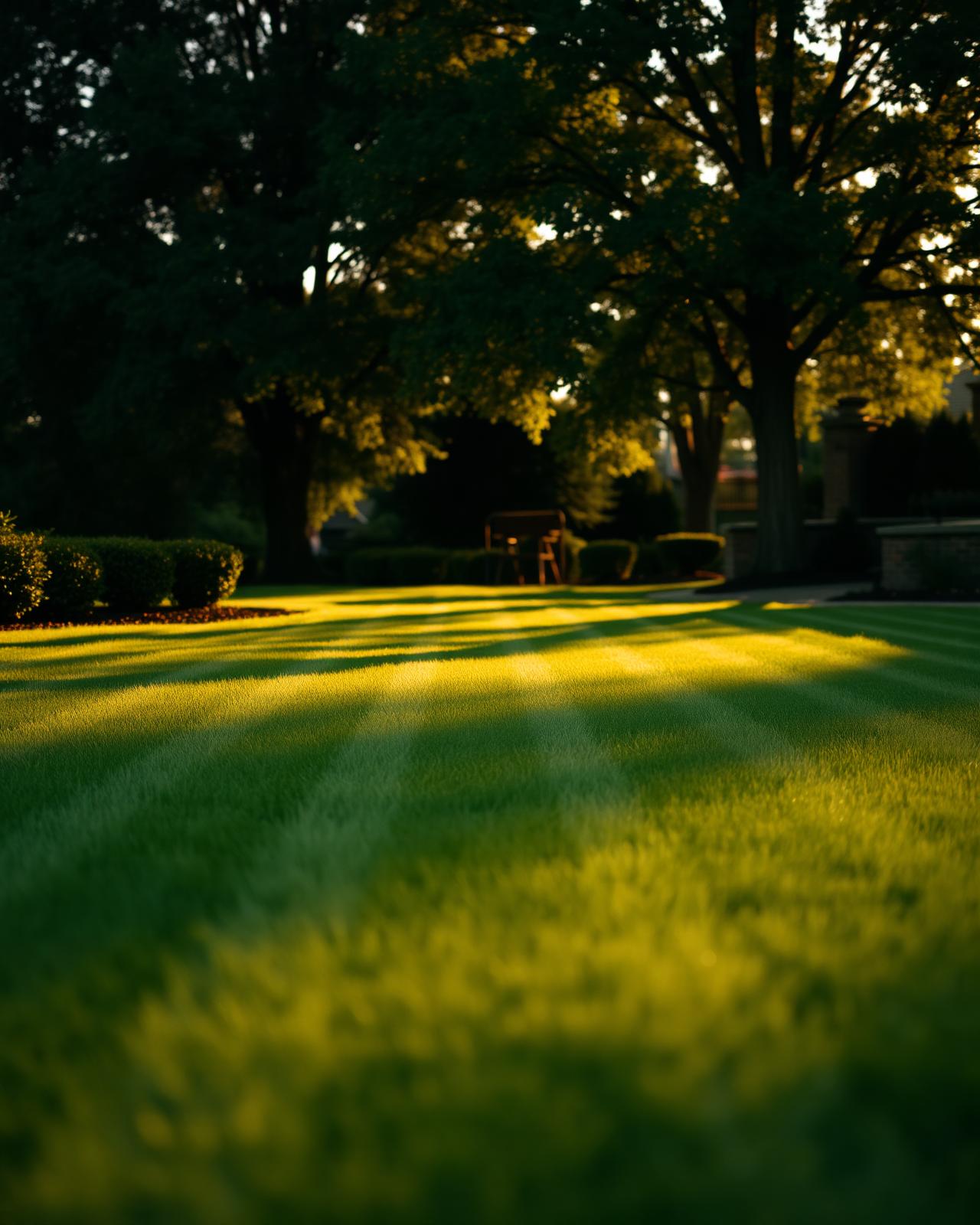 A freshly mowed residential lawn catching low golden-hour light